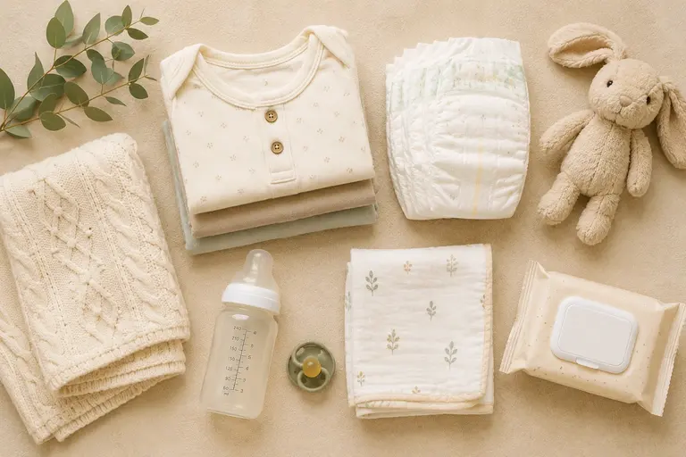 Baby essentials list for new parents showing newborn clothing, diapers, bottle, pacifier, wipes, and blanket neatly organized on a neutral beige surface.