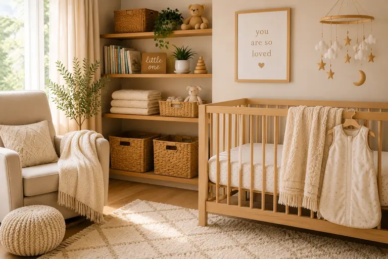 Cozy nursery corner featuring a wooden baby crib, soft cream rug, folded baby blankets, and organized storage baskets in warm natural light.