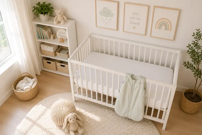 Minimalist nursery with a white crib, fitted sheet, sleep sack draped over the rail, pastel wall art, and bright natural light creating a calm newborn sleep space.