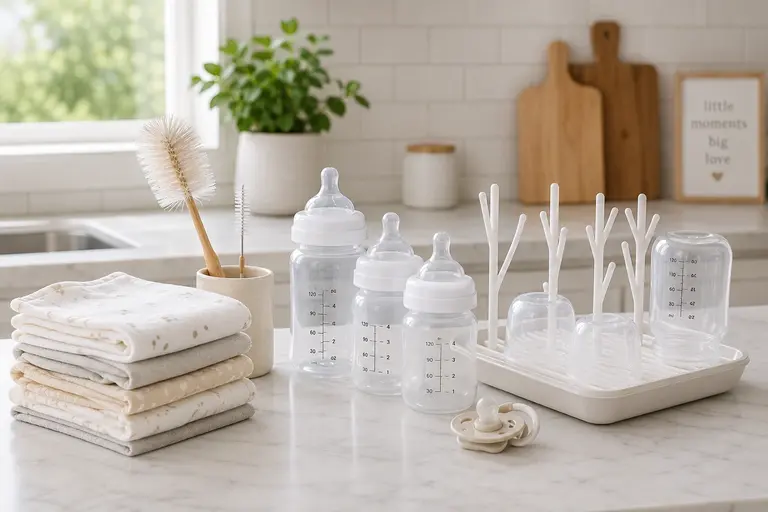 Baby feeding essentials arranged on a clean kitchen counter, including baby bottles, a bottle brush, folded burp cloths, and a drying rack in soft natural daylight.