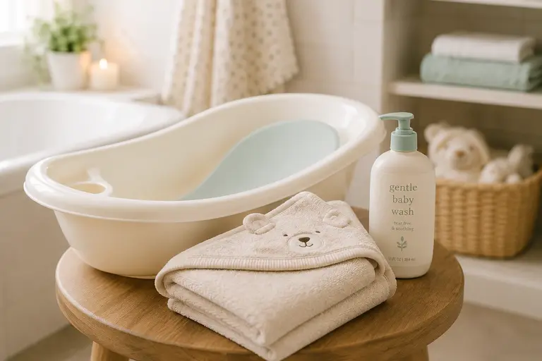 Baby bath essentials arranged on a wooden stool, featuring a baby bathtub, hooded towel, and gentle baby wash in a cozy pastel-toned bathroom.