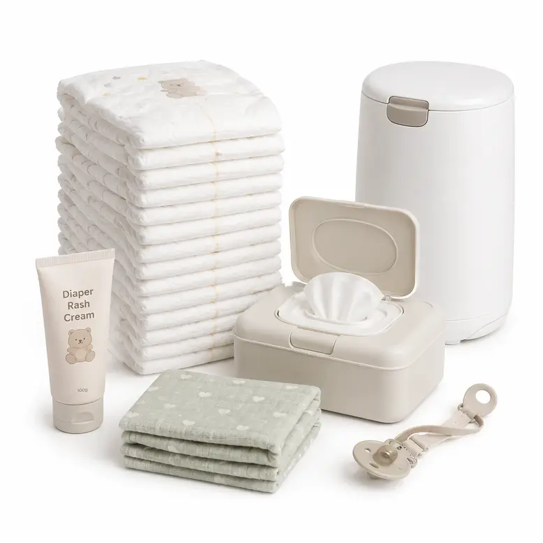 Diapering essentials including baby diapers, wipes, rash cream and changing supplies on a clean white background.
