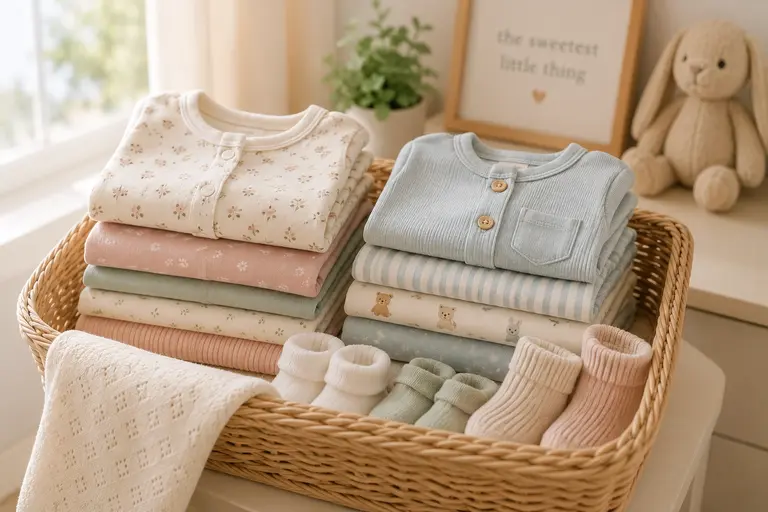 Neatly folded pastel baby onesies, sleepers, and tiny socks arranged in a wicker basket beside a window with soft natural light.