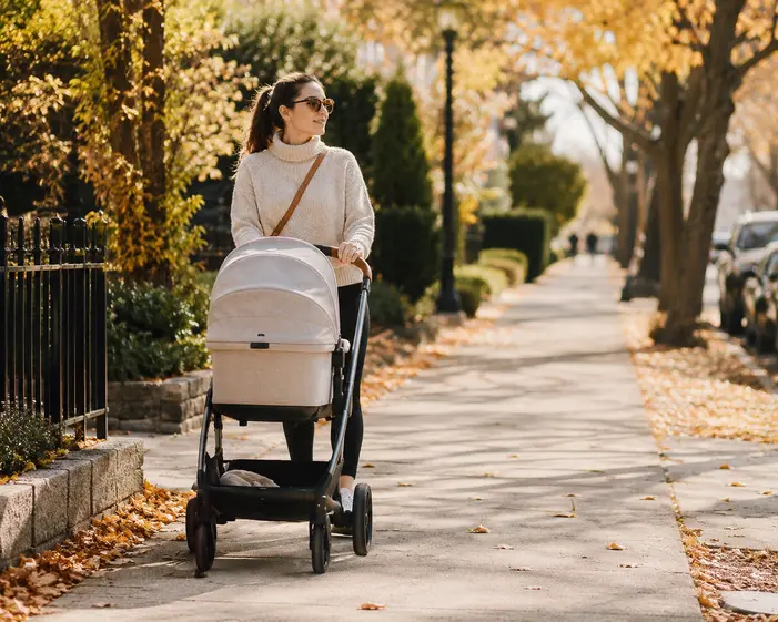 Parent pushing a modern baby stroller along a tree-lined sidewalk in warm autumn sunlight, showcasing essential newborn travel gear.
