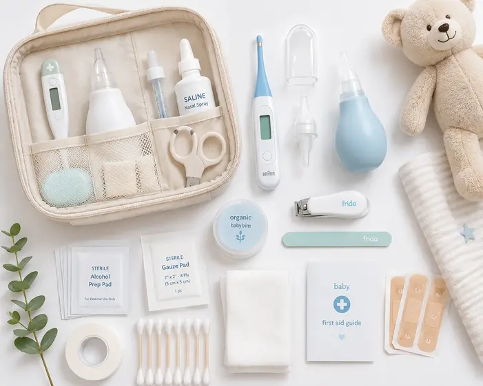 Organized baby health kit flat-lay featuring a digital thermometer, nail clippers, nasal aspirator, gauze pads, and first-aid essentials on a clean white background.
