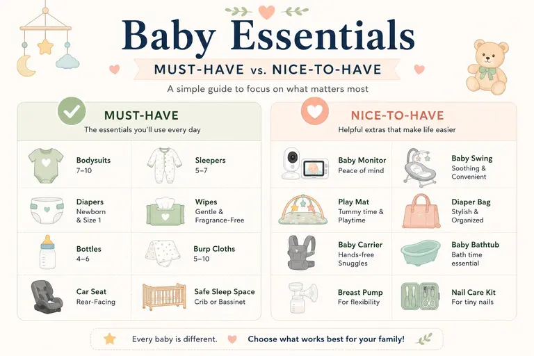 Infographic comparing essential baby products and optional baby gear with organized categories, soft pastel colors, and easy-to-read icons.