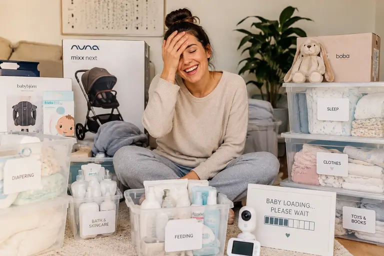 Overwhelmed but smiling new parent sitting on the floor surrounded by organized baby gear, nursery essentials, and labeled storage bins while preparing for a newborn.