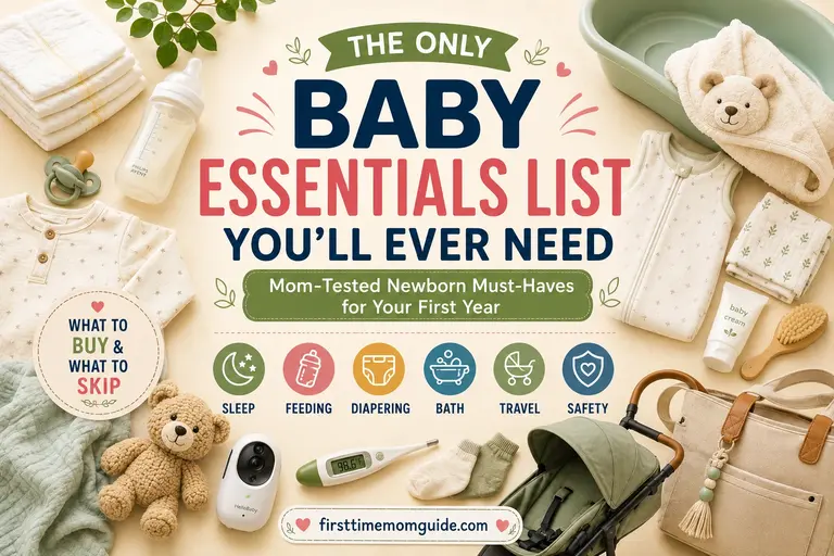 Baby essentials list featuring newborn must-have items including diapers, baby bottle, stroller, diaper bag, sleep sack, baby monitor, and safety essentials.