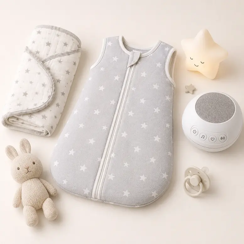 Baby sleep essentials featuring a sleep sack, swaddle blanket, white noise machine and soothing nursery accessories.