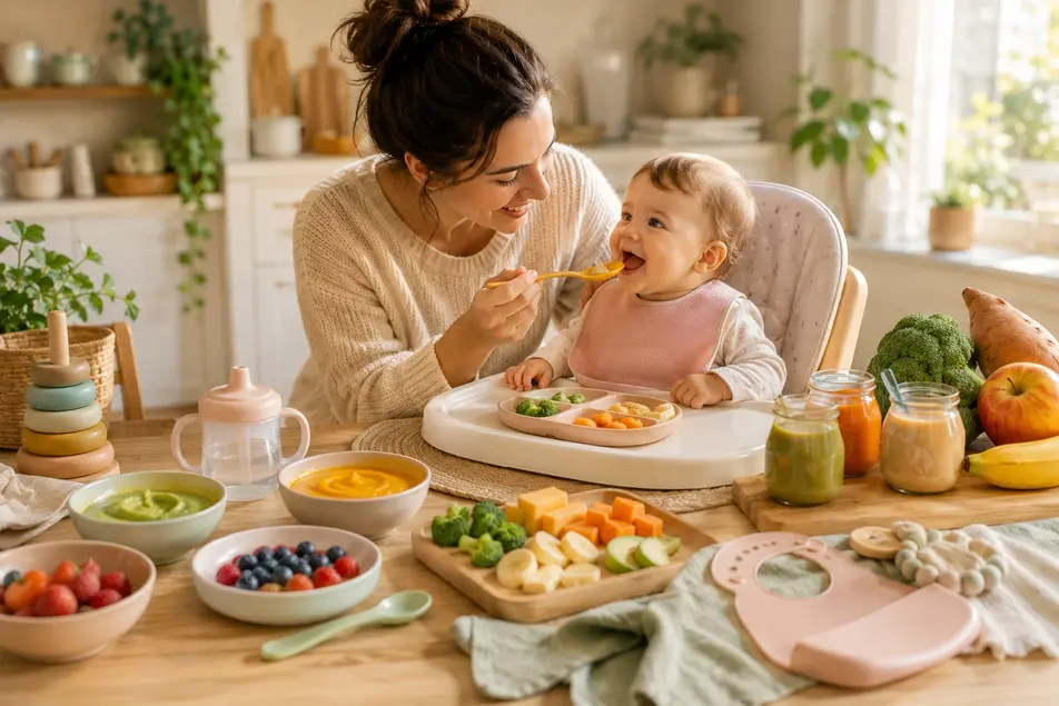 Mom offering healthy finger foods and purees to a baby in a high chair during a calm, pressure-free mealtime routine.