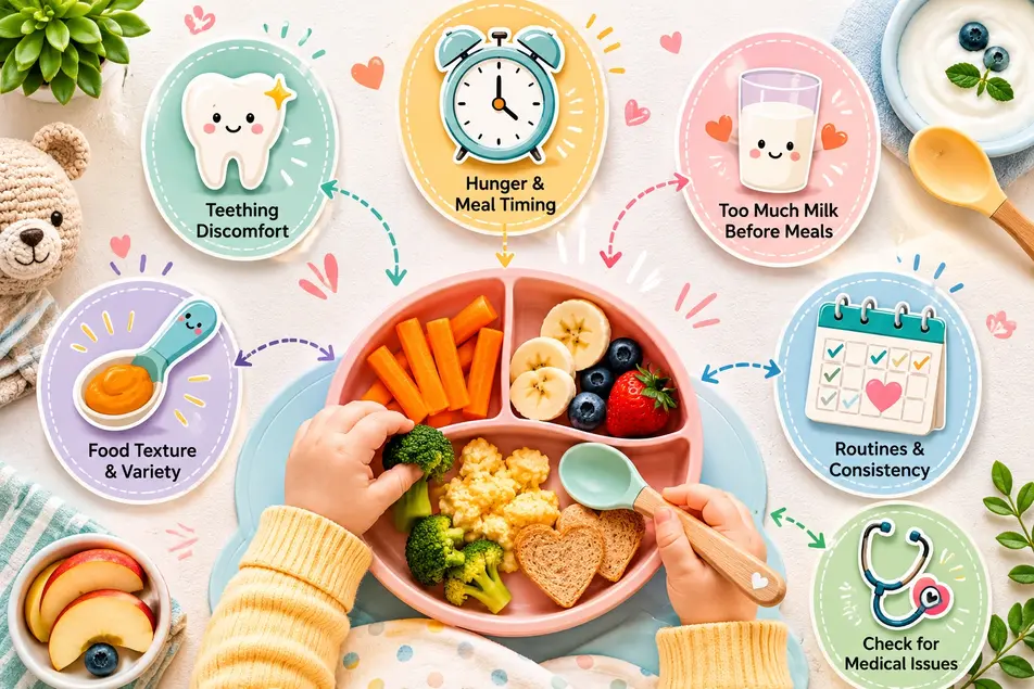 Infographic showing common reasons a baby won't eat, including teething, meal timing, food texture, routines, milk intake, and health issues.