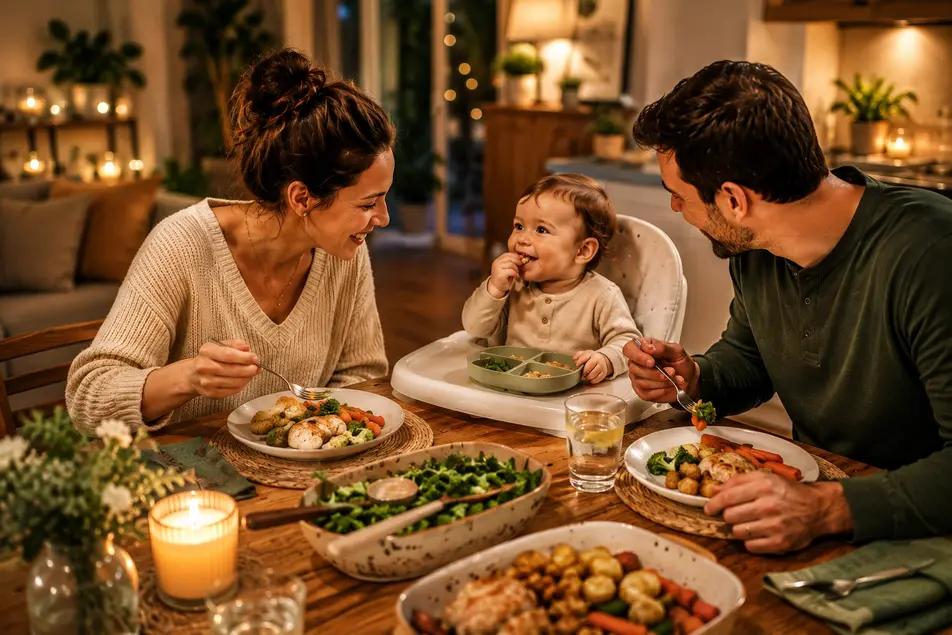 Parents and baby eating together at the dinner table, creating a calm, pressure-free mealtime environment for healthy eating habits.