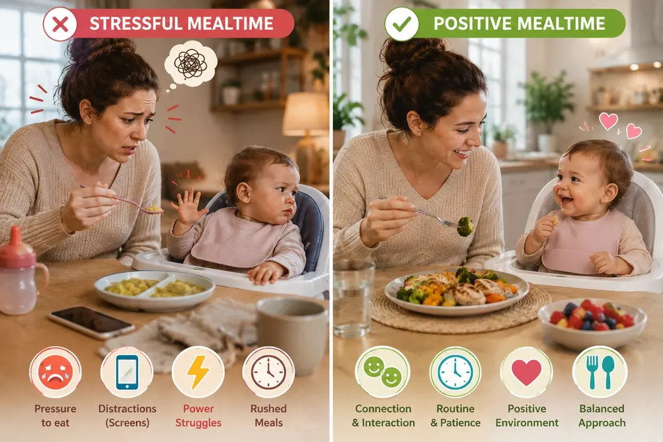 Stressful vs positive mealtime comparison showing a parent feeding a baby, highlighting pressure, screens, routine, and healthy feeding habits.