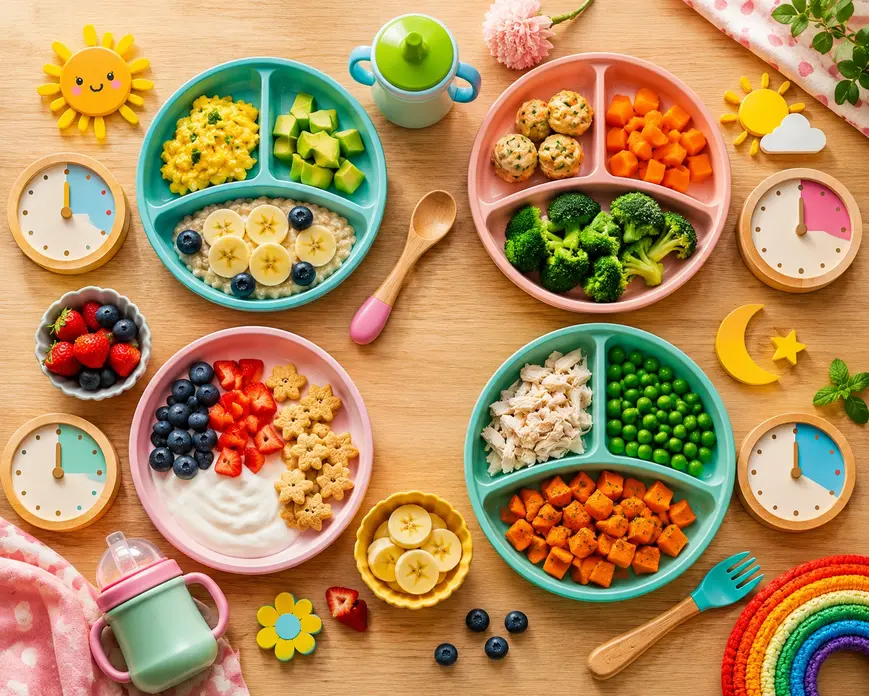 Baby meal routine flat lay showing healthy breakfast, lunch, snack, and dinner ideas arranged on a wooden table for infants and toddlers.