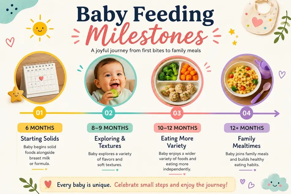Baby feeding timeline infographic showing key mealtime milestones from starting solids to family meals with colorful icons and healthy foods.