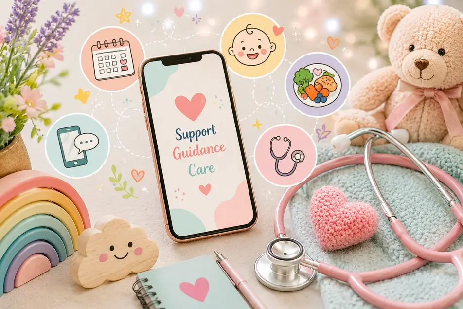 Calming pediatric support illustration with a smartphone, stethoscope, and baby care symbols for concerned parents