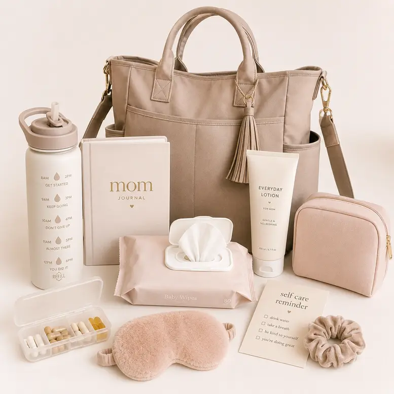 Mom essentials featuring a diaper bag, water bottle, wipes, self-care items and daily parenting accessories.