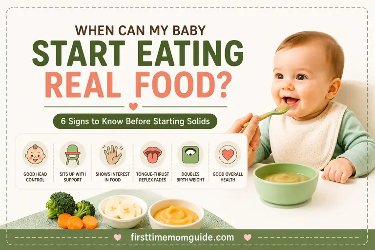 When can my baby start eating real food infographic featuring a baby ready for solids, six readiness signs, and expert guidance on starting solid foods safely.