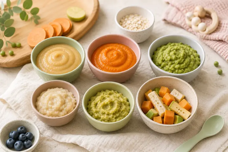 Baby food chart showing age-appropriate purees, mashed foods, and finger foods for babies aged 6 to 12 months.