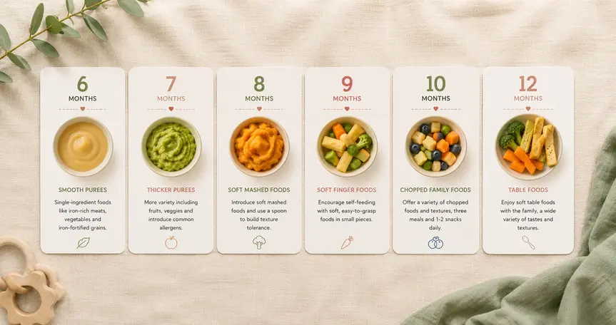 Baby food chart timeline showing feeding milestones from 6 to 12 months with age-based food stages, purees, mashed foods, and finger foods.