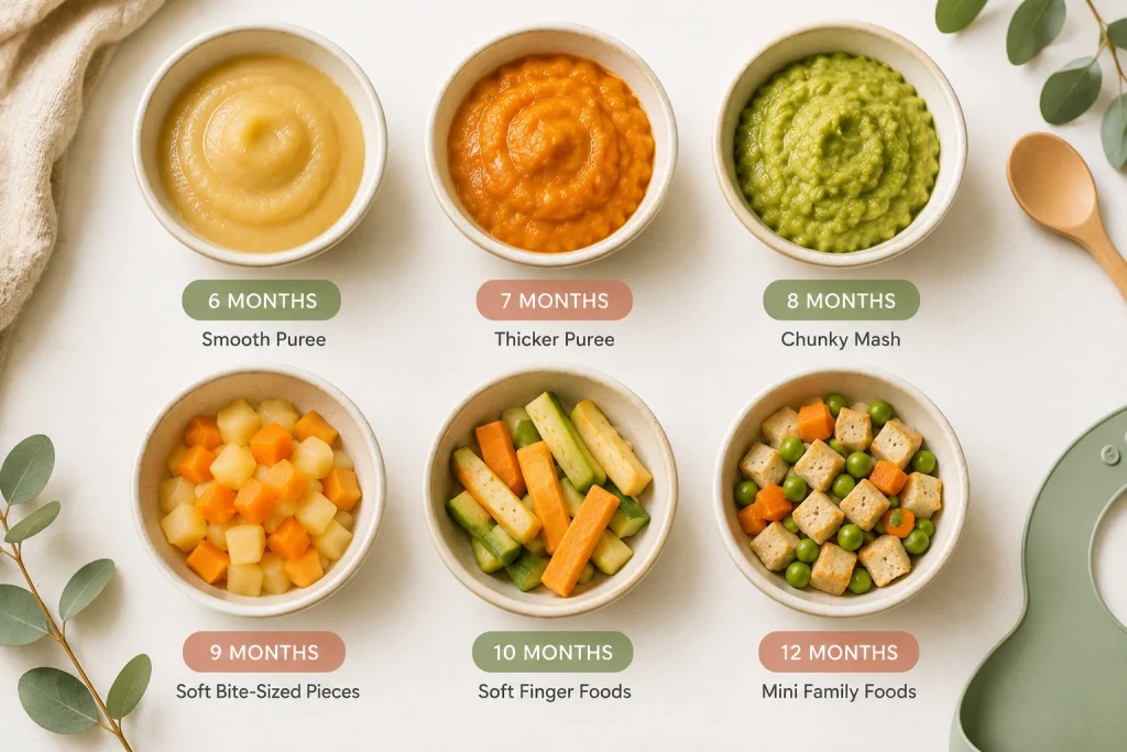 Baby food chart showing texture progression from smooth purees to chunky mash and soft finger foods for babies aged 6 to 12 months.