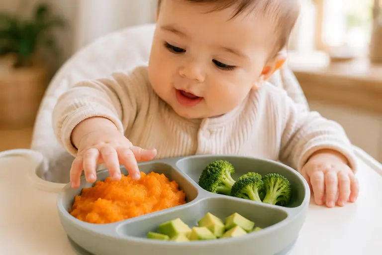 Baby food chart featuring a curious baby reaching for mashed sweet potato, avocado, and steamed broccoli during self-feeding practice.