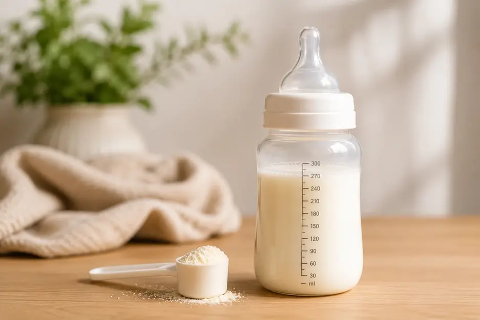 Baby food chart guide featuring a prepared formula bottle and infant feeding essentials for babies aged 6 to 12 months.