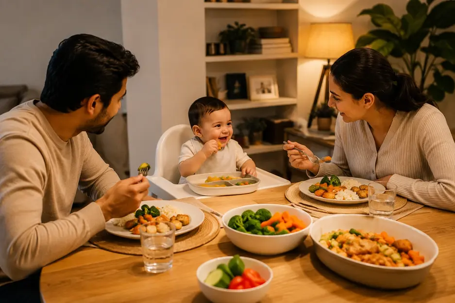 Baby food chart showing a baby eating soft family foods at the dinner table with parents during a healthy family mealtime.