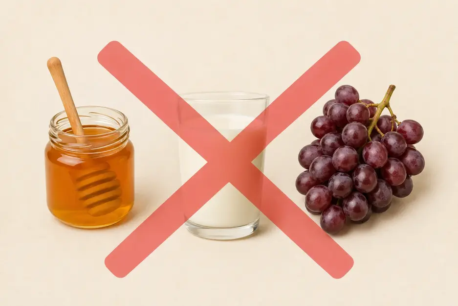 Baby food chart highlighting foods to avoid before 12 months, including honey, cow's milk, and whole grapes due to safety risks.