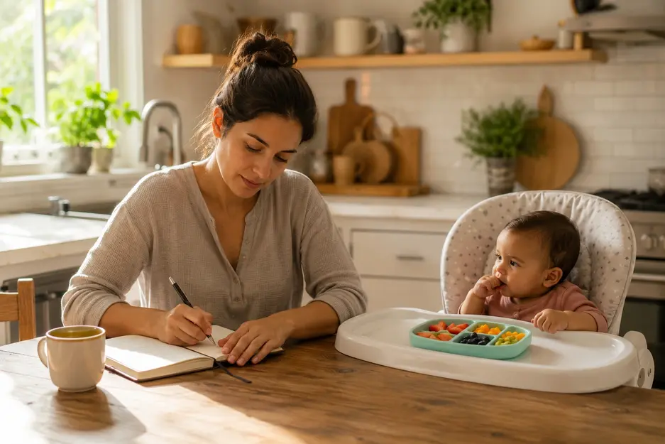 Baby food chart journal tracking with a mother recording feeding progress while her baby enjoys healthy foods in a high chair.