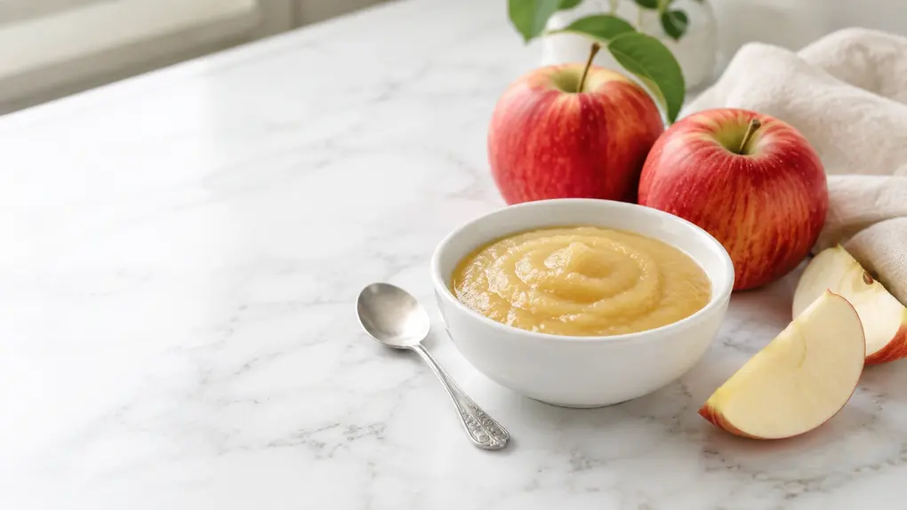 Homemade apple puree for baby in a white bowl with red apples, apple slices and silver spoon on a marble counter.