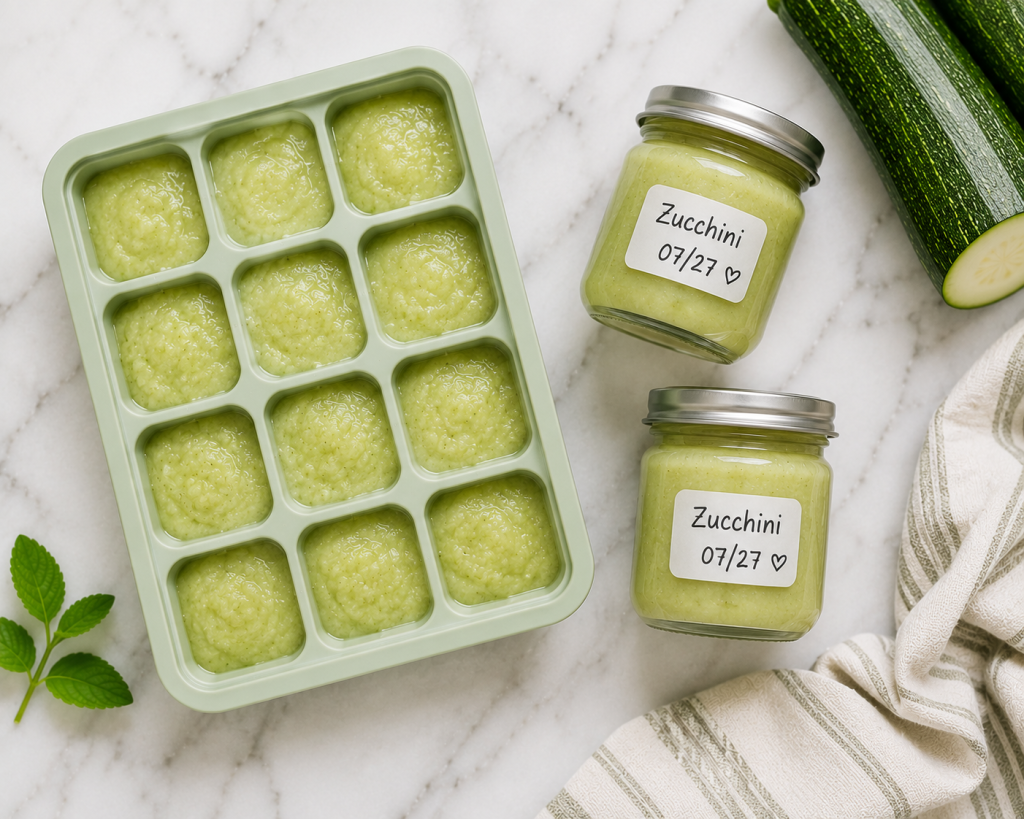 "Overhead view of homemade zucchini puree for baby stored in a pale green silicone ice cube tray and two labeled glass jars on a white marble countertop with a clean kitchen towel in soft natural light."