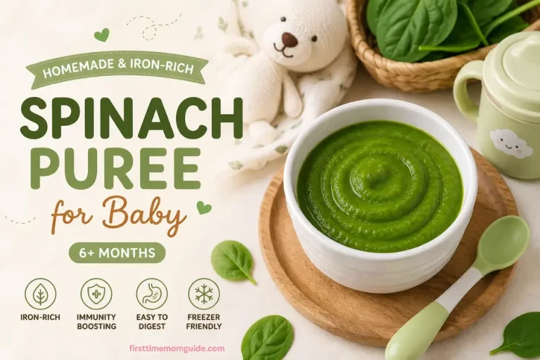 Homemade spinach puree for baby in a white bowl with soft baby feeding accessories and fresh spinach, healthy iron-rich first food for babies 6 months and older.