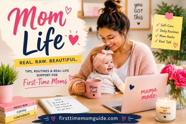 Mom Life feature image of a happy first-time mom cuddling her baby in a bright, cozy home with parenting inspiration and lifestyle tips.