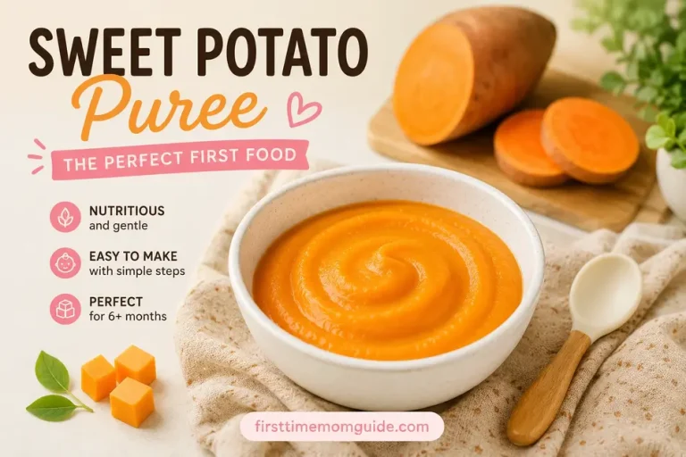 Feature image of homemade sweet potato puree for baby in a ceramic bowl with fresh sweet potatoes, highlighting a healthy first food for infants.