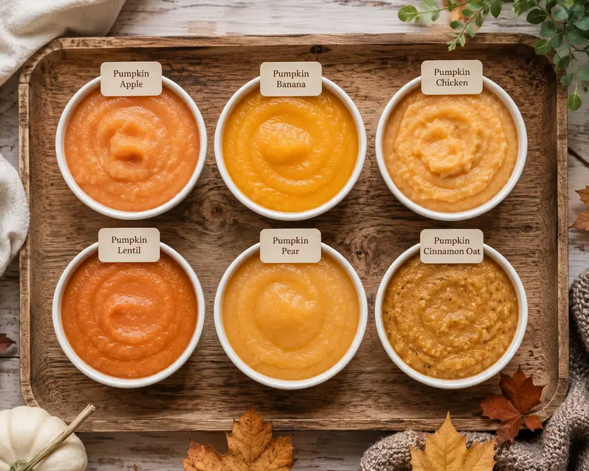 "Pumpkin Puree for Baby flavor combinations in six white bowls featuring pumpkin with apple, banana, chicken, lentils, pear, and cinnamon oats on a rustic wooden tray."