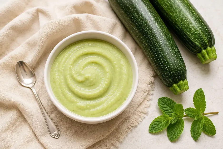 Overhead flat lay of homemade zucchini puree for baby in a white ceramic bowl with two fresh zucchinis, a silver spoon, and fresh mint on a cream linen cloth under soft natural light.
