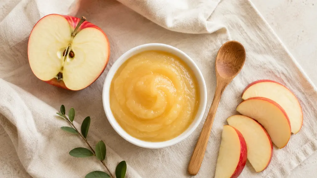 Overhead view of homemade apple puree for baby in a white bowl with sliced red apples and a wooden spoon on cream linen.