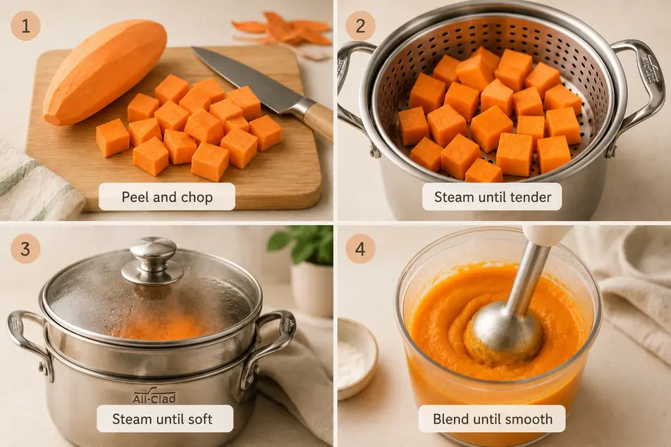 Step-by-step guide showing how to make sweet potato puree for baby by peeling, steaming, and blending sweet potatoes until smooth.
