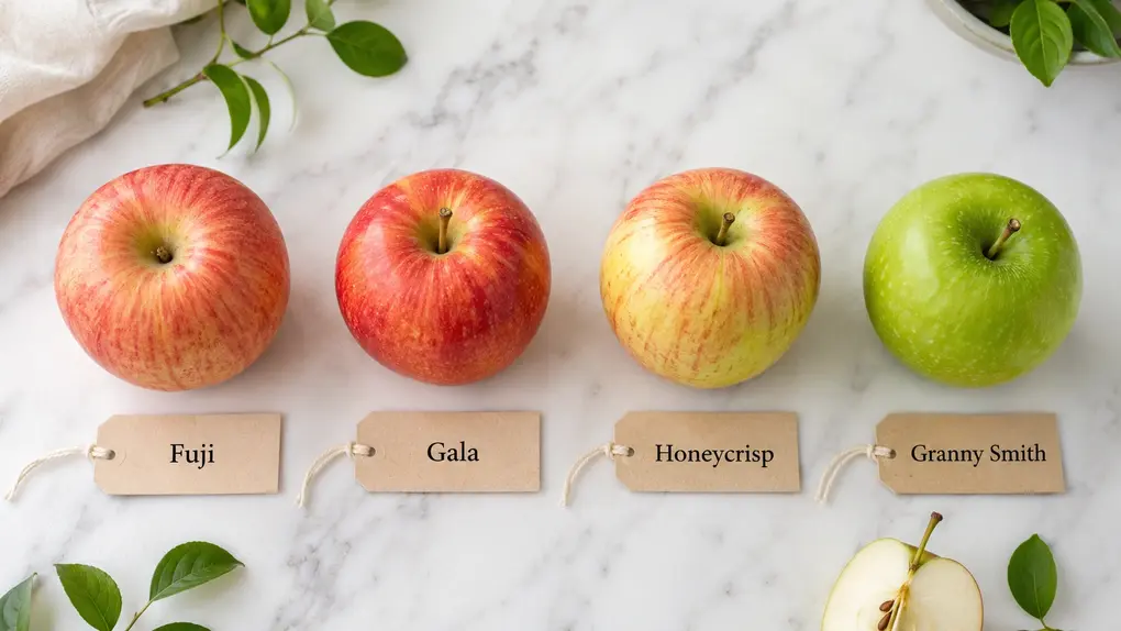 Four apple varieties on a white marble surface labeled Fuji, Gala, Honeycrisp and Granny Smith in an overhead flat lay.