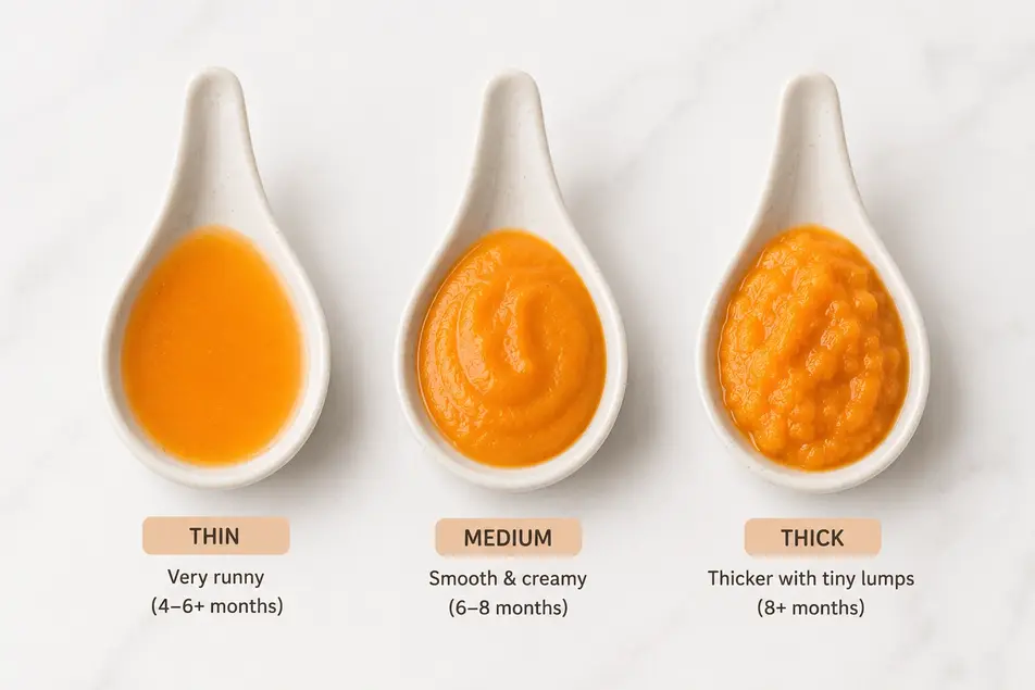 Three spoon textures of sweet potato puree for baby showing thin, smooth, and thicker stages to match different baby feeding ages.