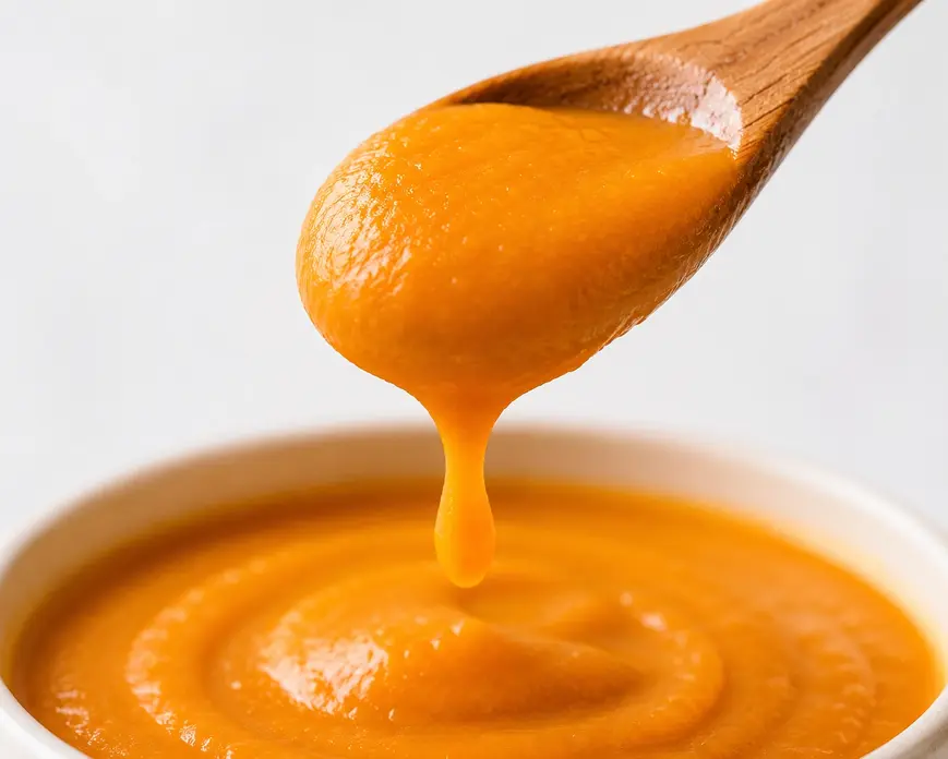 Close-up of smooth sweet potato puree for baby dripping from a wooden spoon, showing the perfect creamy texture for first foods.