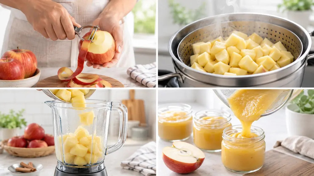 Four-panel collage showing apple puree steps: peeling apples, steaming chunks, adding fruit to a blender, and pouring puree into jars.