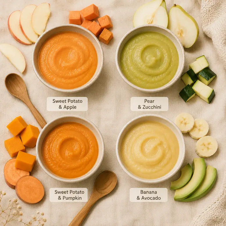 Four baby puree combinations including sweet potato with apple, pear and zucchini, pumpkin, and banana with avocado for healthy meals.