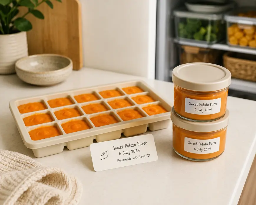 Sweet potato puree for baby stored in glass jars and a silicone ice cube tray for easy meal prep, freezing, and fresh homemade baby food.