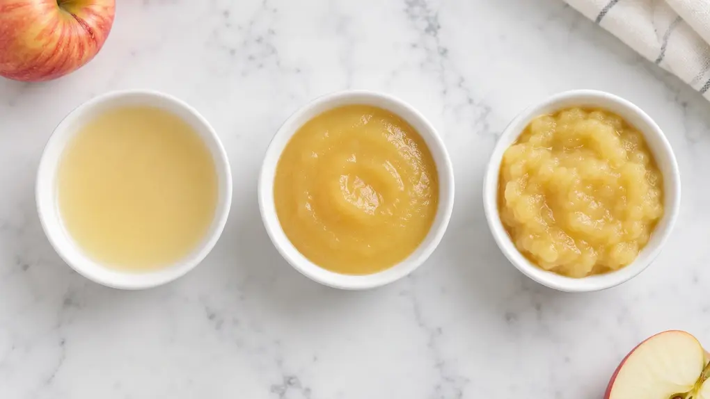 Apple puree texture stages for babies: thin 4–6 months, smooth 6–8 months, and chunky 8–10 months in white bowls.