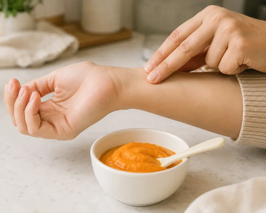 Testing the temperature of sweet potato puree for baby on the inside of the wrist before serving to ensure it is safe for infants.