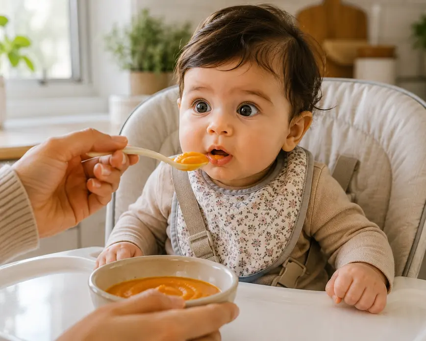 Six-month-old baby in a high chair trying sweet potato puree for the first time with a parent gently feeding a healthy homemade baby meal.