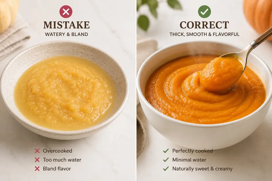 "Pumpkin Puree for Baby comparison showing watery pale pumpkin puree versus smooth vibrant orange pumpkin puree to demonstrate the correct texture for homemade baby food."