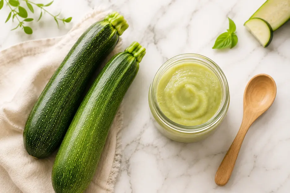 "Flat lay of fresh green zucchinis with a glass jar of smooth homemade zucchini puree for baby and a wooden spoon on a white marble surface in soft natural light."